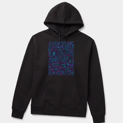 Futuristic neon pattern t-shirt featuring the text 'サイバー データ' in black, neon blue, and neon pink. — printed on a unisex hoodie