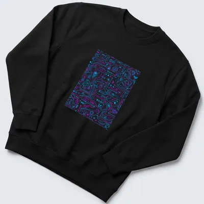 Futuristic neon pattern t-shirt featuring the text 'サイバー データ' in black, neon blue, and neon pink. — printed on a unisex sweatshirt