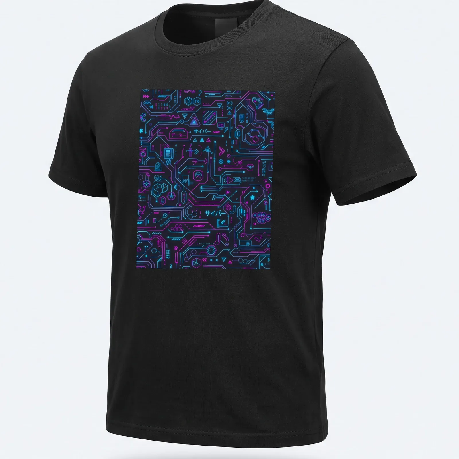Futuristic neon pattern t-shirt featuring the text 'サイバー データ' in black, neon blue, and neon pink. — printed on a unisex t-shirt