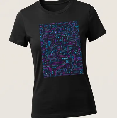 Futuristic neon pattern t-shirt featuring the text 'サイバー データ' in black, neon blue, and neon pink. — printed on a women's shirt