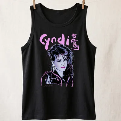 Retro Cyndi Lauper t-shirt with bold 80s typography in pink and purple — printed on a tank top