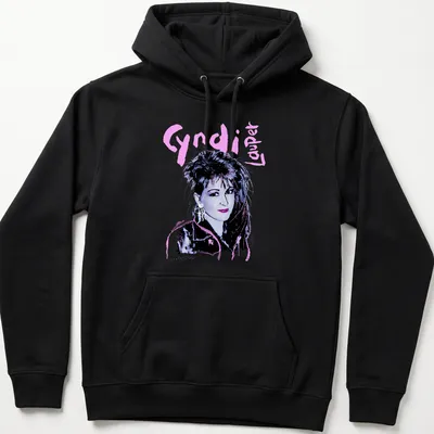 Retro Cyndi Lauper t-shirt with bold 80s typography in pink and purple — printed on a unisex hoodie