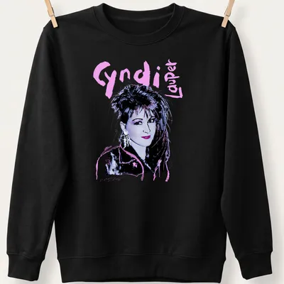 Retro Cyndi Lauper t-shirt with bold 80s typography in pink and purple — printed on a unisex sweatshirt