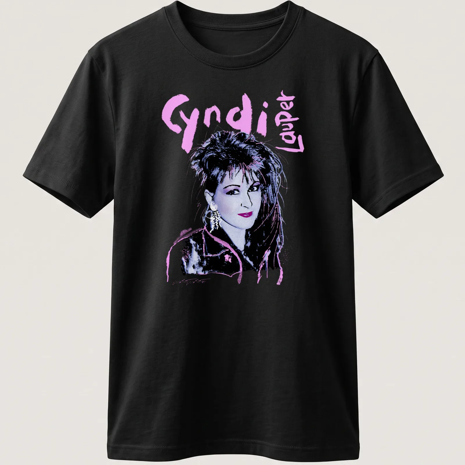 Retro Cyndi Lauper t-shirt with bold 80s typography in pink and purple — printed on a unisex t-shirt