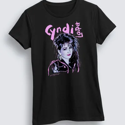 Retro Cyndi Lauper t-shirt with bold 80s typography in pink and purple — printed on a women's shirt
