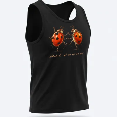 Whimsical illustration of dancing ladybugs in red, black, and white — printed on a tank top