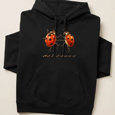 Whimsical illustration of dancing ladybugs in red, black, and white — printed on a unisex hoodie