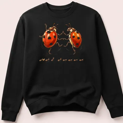 Whimsical illustration of dancing ladybugs in red, black, and white — printed on a unisex sweatshirt