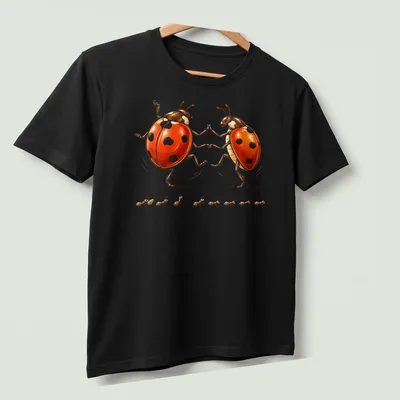 Whimsical illustration of dancing ladybugs in red, black, and white — printed on a unisex t-shirt (angled view)
