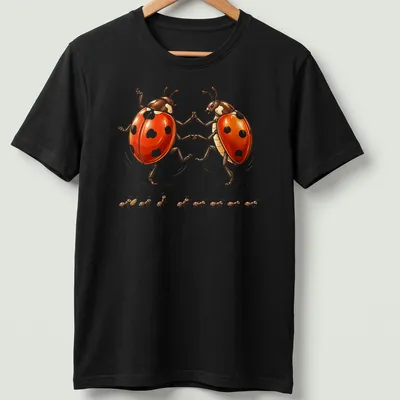 Whimsical illustration of dancing ladybugs in red, black, and white — printed on a unisex t-shirt