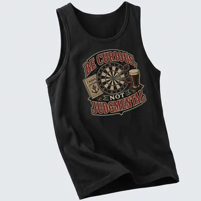 Vintage-style t-shirt with dartboard, beer pint, and pub book graphics alongside the text 'Be Curious, Not Judgmental' — printed on a tank top