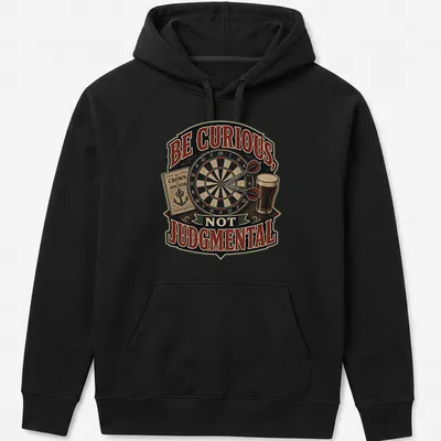 Vintage-style t-shirt with dartboard, beer pint, and pub book graphics alongside the text 'Be Curious, Not Judgmental' — printed on a unisex hoodie
