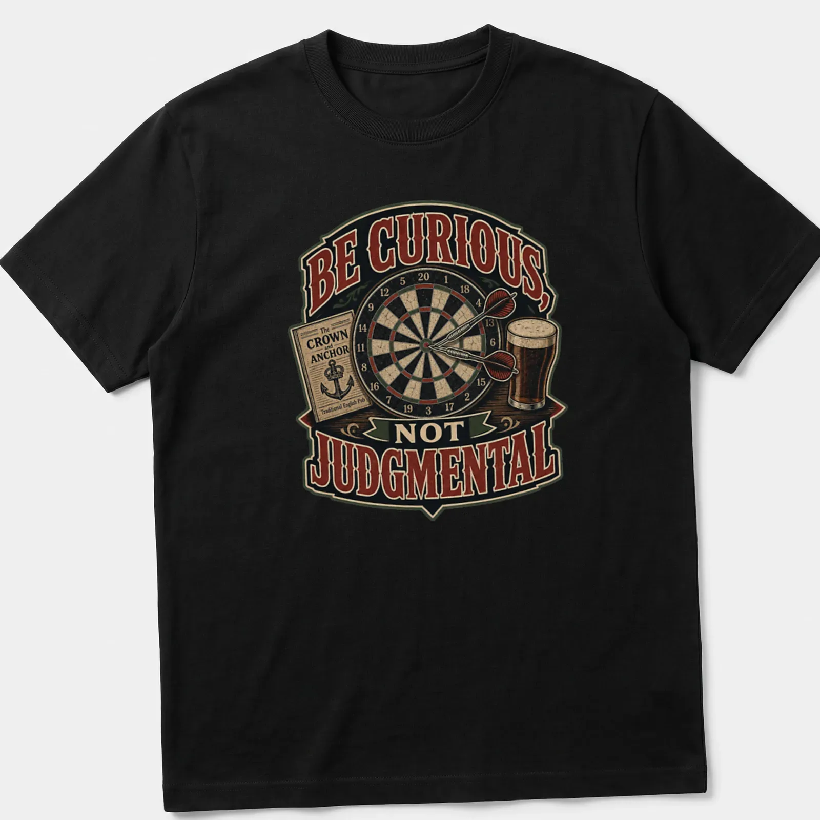 Vintage-style t-shirt with dartboard, beer pint, and pub book graphics alongside the text 'Be Curious, Not Judgmental' — printed on a unisex t-shirt