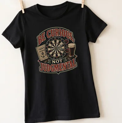 Vintage-style t-shirt with dartboard, beer pint, and pub book graphics alongside the text 'Be Curious, Not Judgmental' — printed on a women's shirt