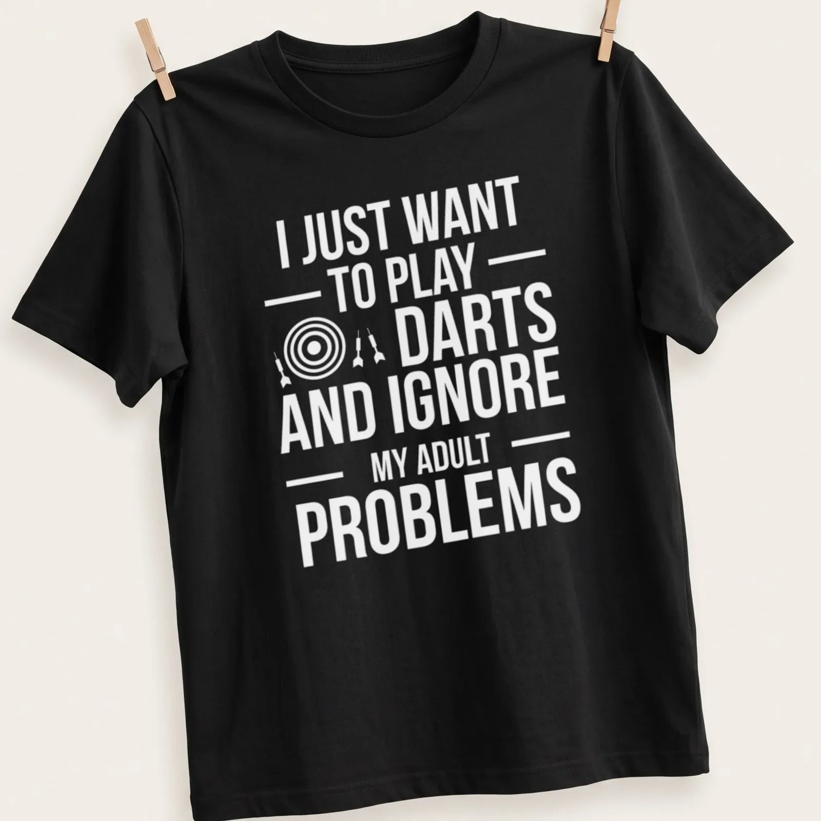 Funny typography t-shirt featuring a darts player and humorous text about ignoring adult problems. — printed on a unisex t-shirt