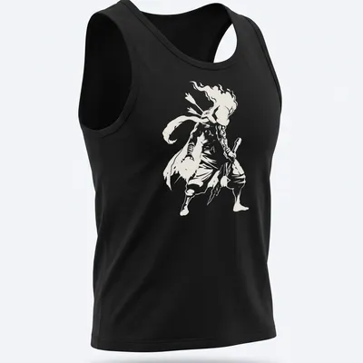 Minimalist silhouette of a Dead Cells character in light gray on white. — printed on a tank top