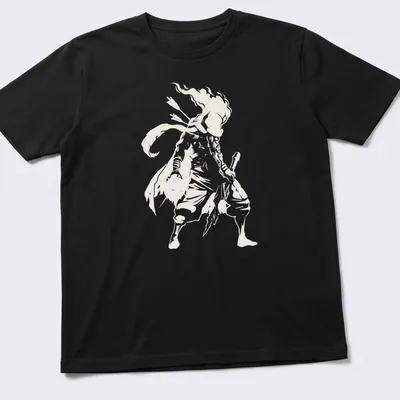 Minimalist silhouette of a Dead Cells character in light gray on white. — printed on a unisex t-shirt
