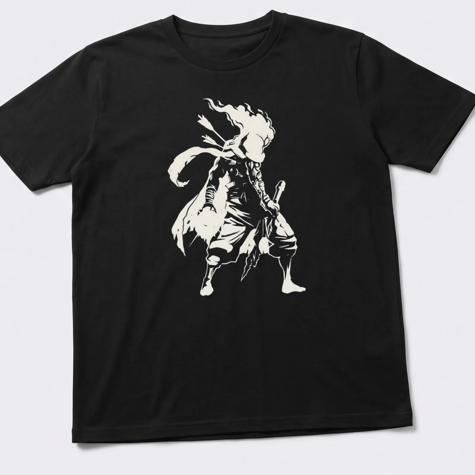 Minimalist silhouette of a Dead Cells character in light gray on white. — printed on a unisex t-shirt
