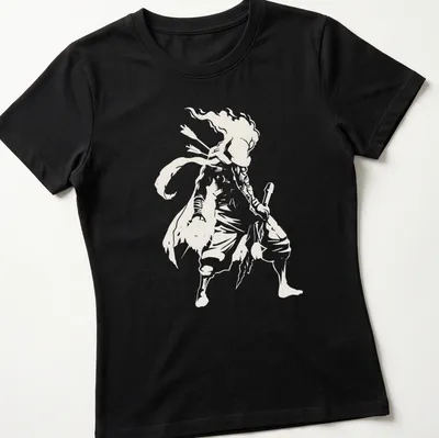 Minimalist silhouette of a Dead Cells character in light gray on white. — printed on a women's shirt