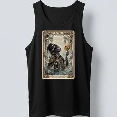 Gothic design featuring the Death Tarot card with intricate details and colors. — printed on a tank top