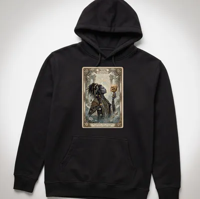 Gothic design featuring the Death Tarot card with intricate details and colors. — printed on a unisex hoodie