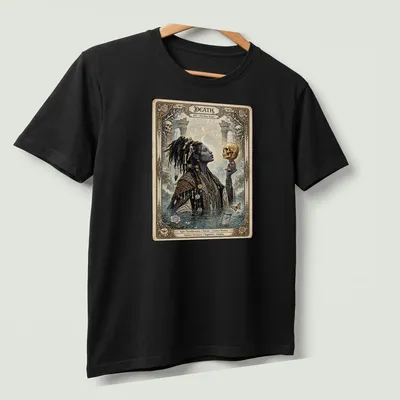 Gothic design featuring the Death Tarot card with intricate details and colors. — printed on a unisex t-shirt (angled view)