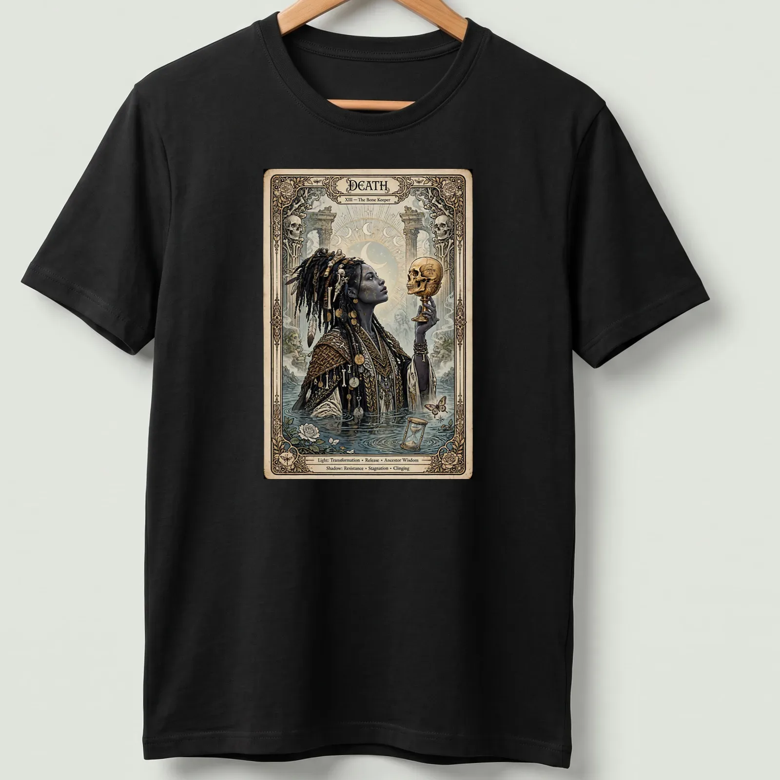 Gothic design featuring the Death Tarot card with intricate details and colors. — printed on a unisex t-shirt