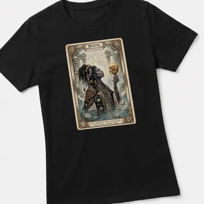 Gothic design featuring the Death Tarot card with intricate details and colors. — printed on a women's shirt