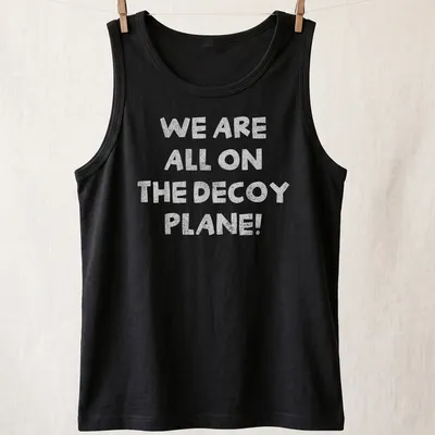 Playful typography t-shirt with the phrase 'We Are All On The Decoy Plane!' — printed on a tank top