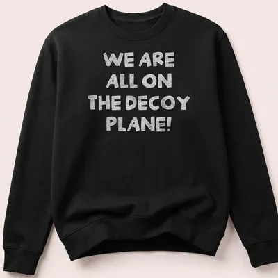 Playful typography t-shirt with the phrase 'We Are All On The Decoy Plane!' — printed on a unisex sweatshirt