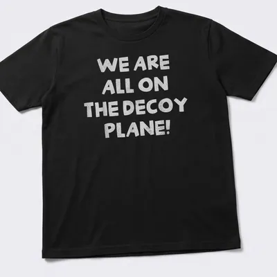 Playful typography t-shirt with the phrase 'We Are All On The Decoy Plane!'