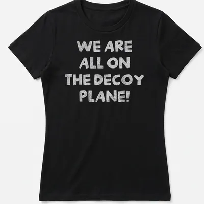Playful typography t-shirt with the phrase 'We Are All On The Decoy Plane!' — printed on a women's shirt