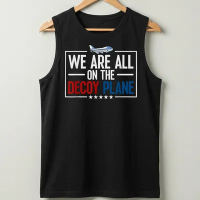 Illustrative shirt featuring a decoy plane and playful text about life. — printed on a tank top