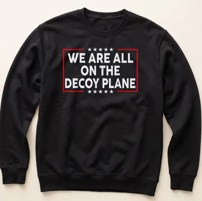 Bold typography t-shirt with the phrase 'We Are All On The Decoy Plane' — printed on a unisex sweatshirt