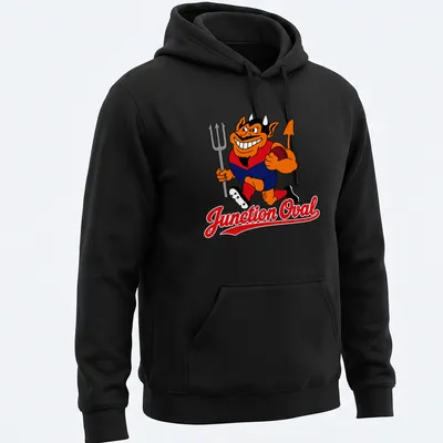Cartoon Demons character running with a football and Junction Oval text — printed on a unisex hoodie