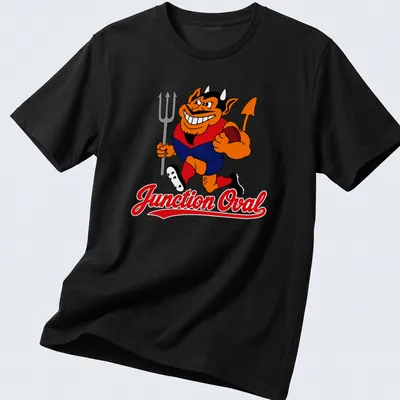 Cartoon Demons character running with a football and Junction Oval text
