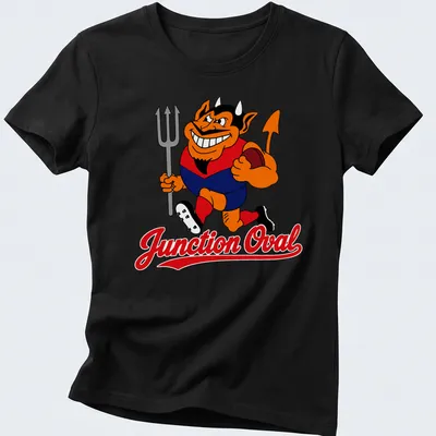 Cartoon Demons character running with a football and Junction Oval text — printed on a women's shirt