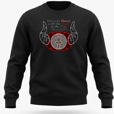 Bold graphic tee featuring a devil and hands with a famous quote about dancing in the moonlight. — printed on a unisex sweatshirt