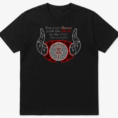 Bold graphic tee featuring a devil and hands with a famous quote about dancing in the moonlight. — printed on a unisex t-shirt