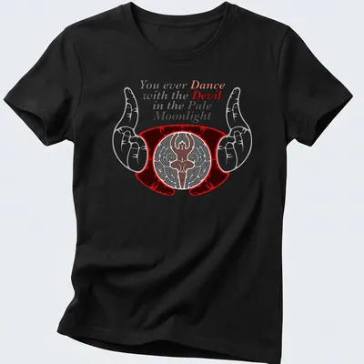 Bold graphic tee featuring a devil and hands with a famous quote about dancing in the moonlight. — printed on a women's shirt
