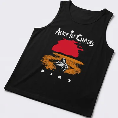 Minimalist T-shirt featuring abstract landscape in red and orange with Alice In Chains text — printed on a tank top