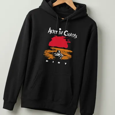 Minimalist T-shirt featuring abstract landscape in red and orange with Alice In Chains text — printed on a unisex hoodie