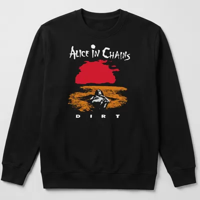Minimalist T-shirt featuring abstract landscape in red and orange with Alice In Chains text — printed on a unisex sweatshirt