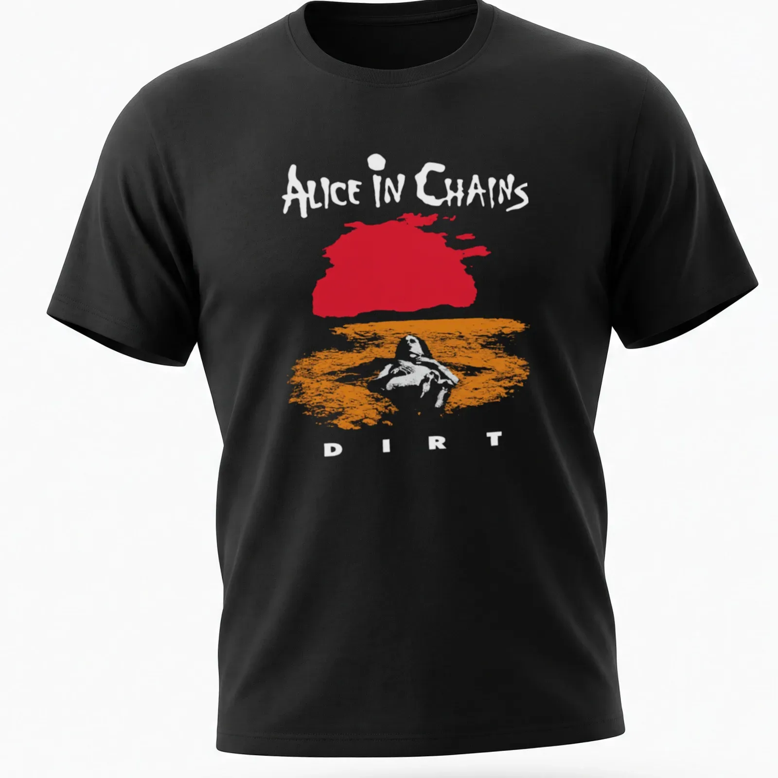 Minimalist T-shirt featuring abstract landscape in red and orange with Alice In Chains text — printed on a unisex t-shirt