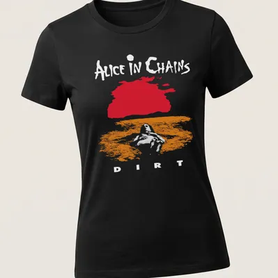 Minimalist T-shirt featuring abstract landscape in red and orange with Alice In Chains text — printed on a women's shirt