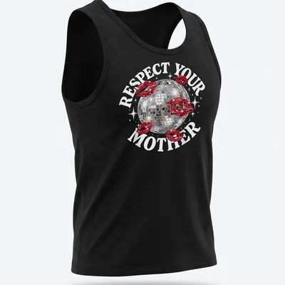 Glittery disco ball t-shirt featuring the phrase Respect Your Mother in playful text — printed on a tank top