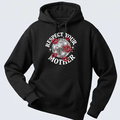 Glittery disco ball t-shirt featuring the phrase Respect Your Mother in playful text — printed on a unisex hoodie
