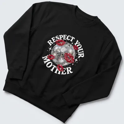 Glittery disco ball t-shirt featuring the phrase Respect Your Mother in playful text — printed on a unisex sweatshirt