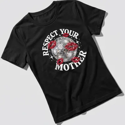 Glittery disco ball t-shirt featuring the phrase Respect Your Mother in playful text — printed on a women's shirt