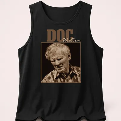 Vintage-style Doc Watson t-shirt with sepia-toned printed text — printed on a tank top